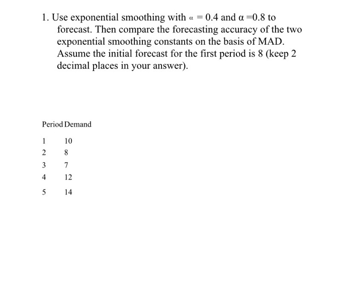 1. Use exponential smoothing with a = 0.4 and a