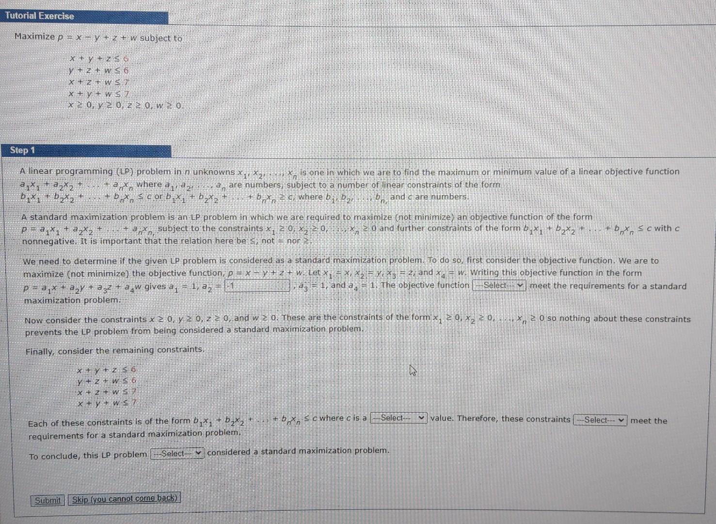 Tutorial Exercise Maximize p = x - y + z + w