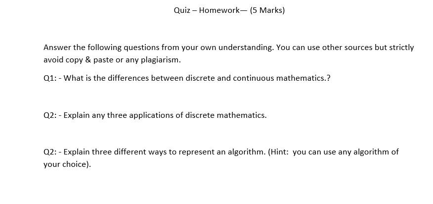 Quiz - Homework- (5 Marks) Answer the following
