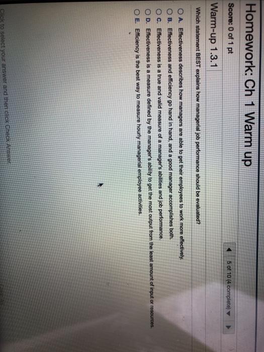 Homework: Ch 1 Warm up Score: 0 of 1 pt 5 of 10