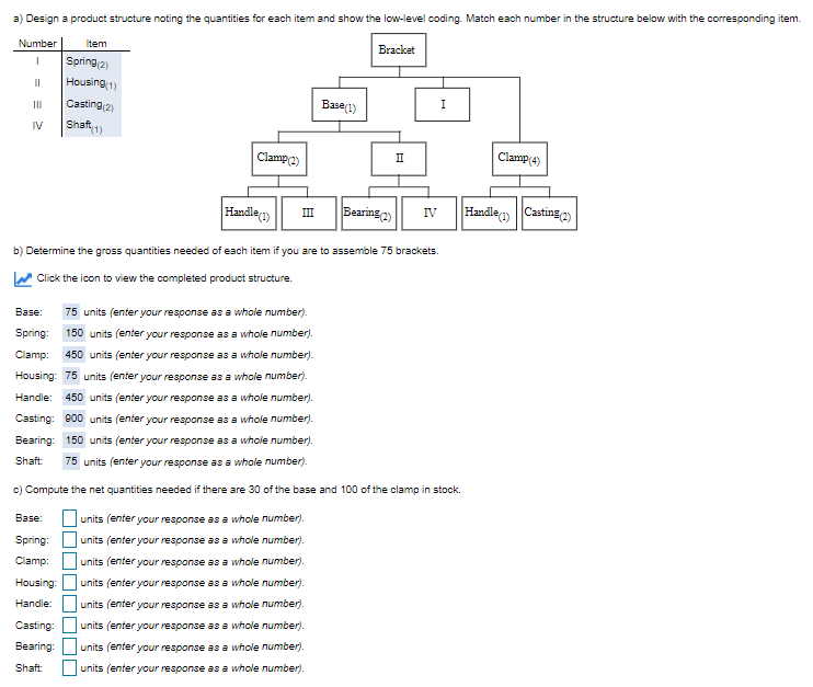 a) Design a product structure noting the