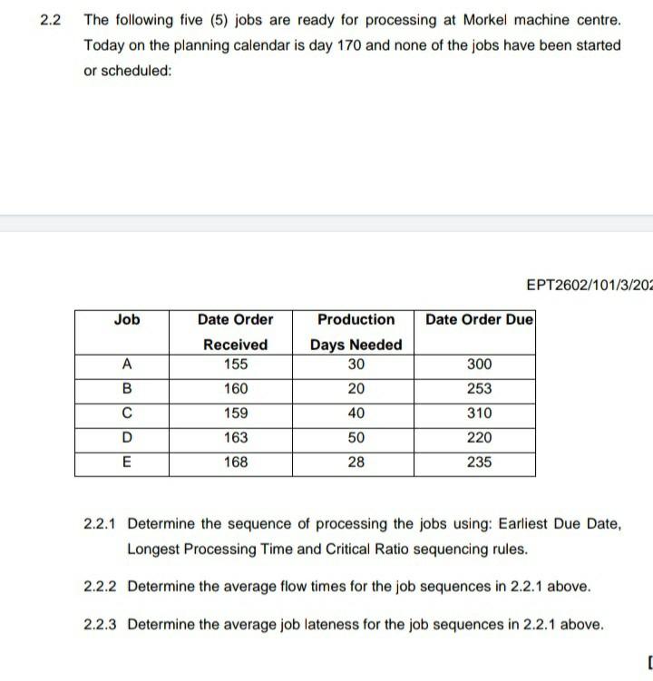 2.2 The following five (5) jobs are ready for