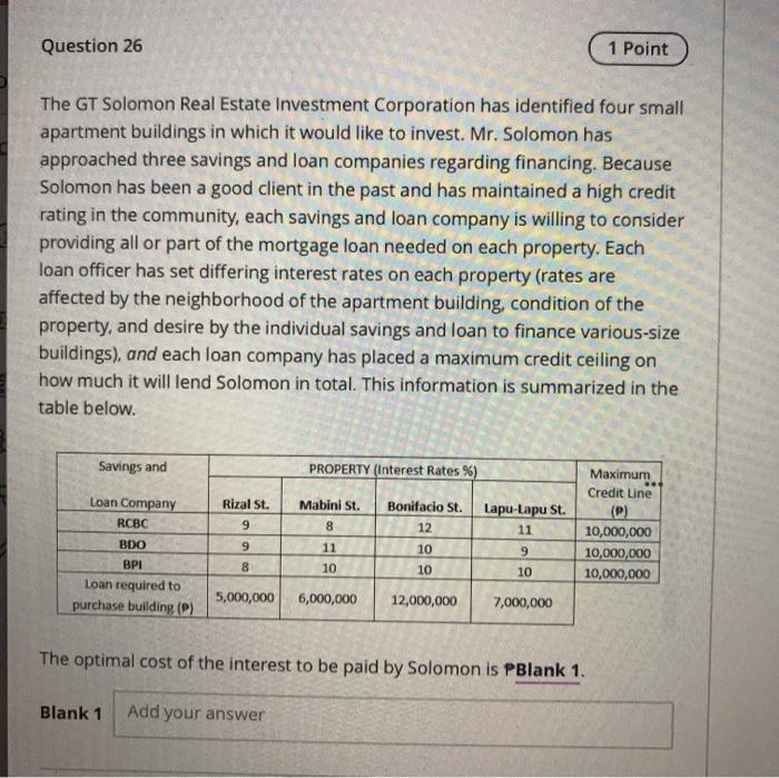 Question 26 1 Point The GT Solomon Real Estate