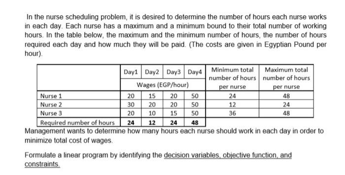In the nurse scheduling problem, it is desired to