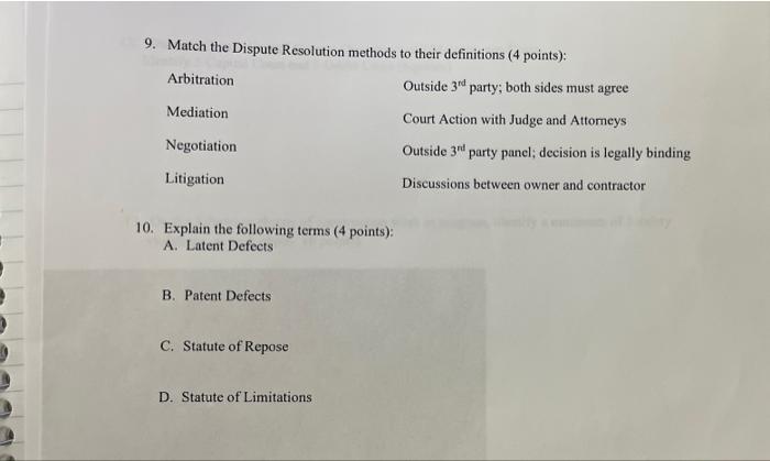9. Match the Dispute Resolution methods to their