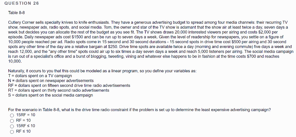 QUESTION 26 Table 8-8 Cutlery Corner sells