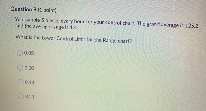 Question 9 (1 point) You sample 5 pieces every
