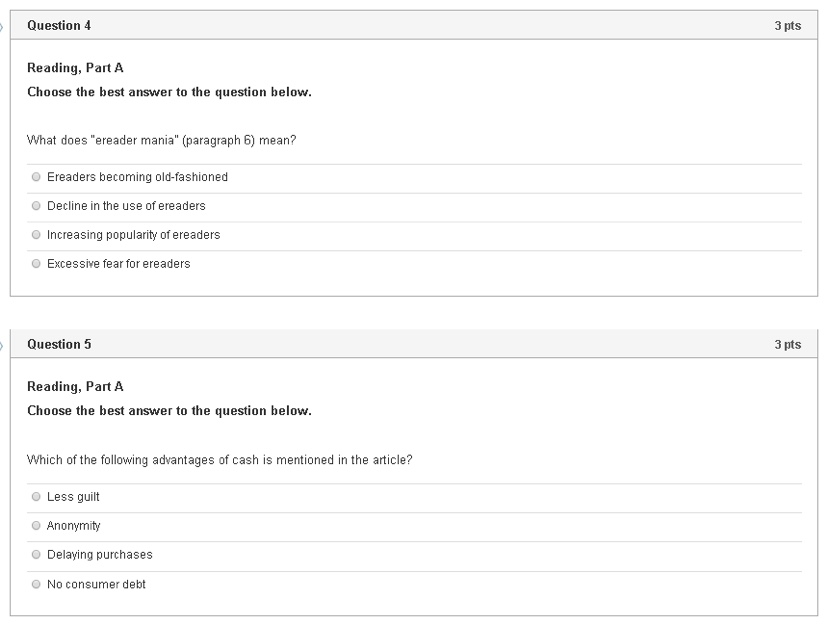 Reading, Part A Choose the best answer to the