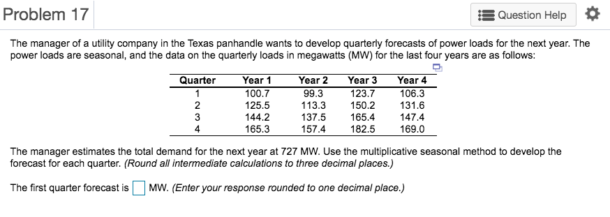 Problem 17 Question Help The manager of a utility