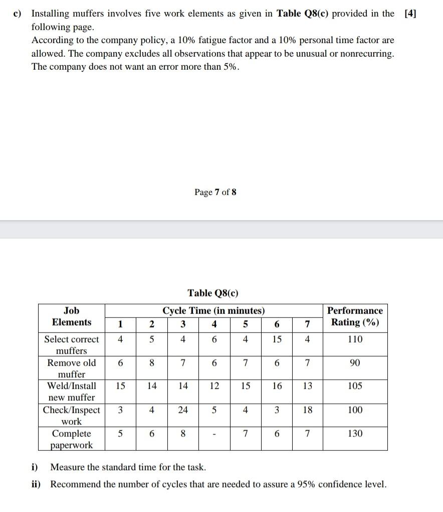 c) Installing muffers involves five work elements