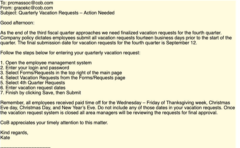 Instructions: Within the body of the e-mail