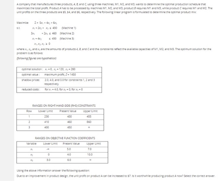 A company that manufactures three products, A. &