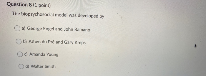 Question 8 (1 point) The biopsychosocial model