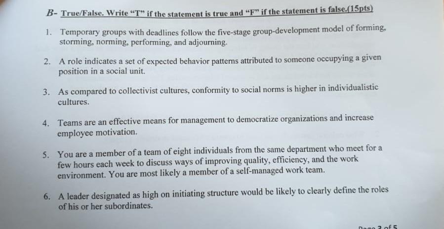 B- True/False. Write "T" if the statement is true