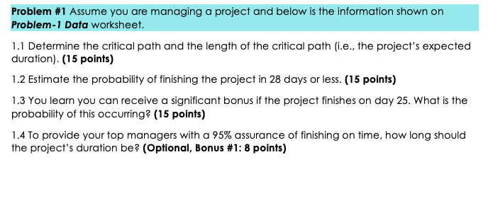 Problem #1 Assume you are managing a project and