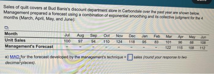 Solve all 7 steps please : A)MAD for the forecast