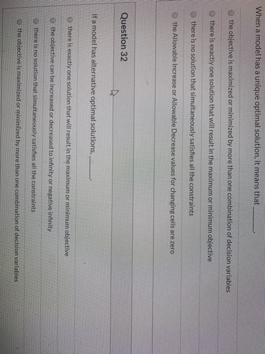 When a model has a unique optimal solution, it