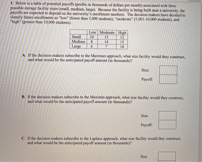 1. Below is a table of potential payoffs (profits