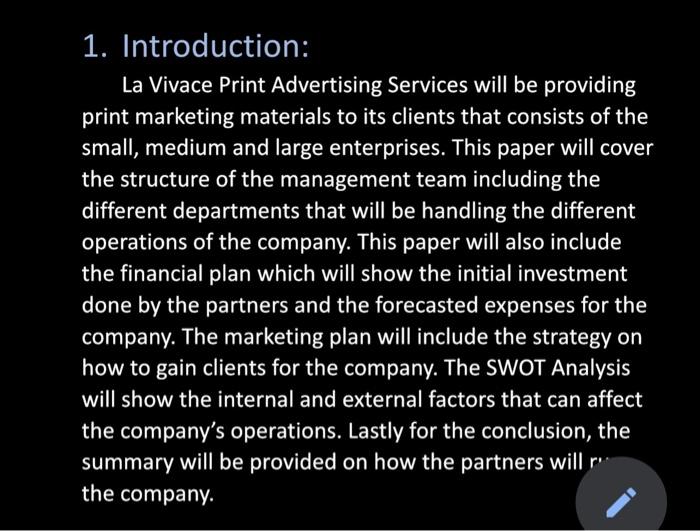 swot anyalises 1. Introduction: La Vivace Print