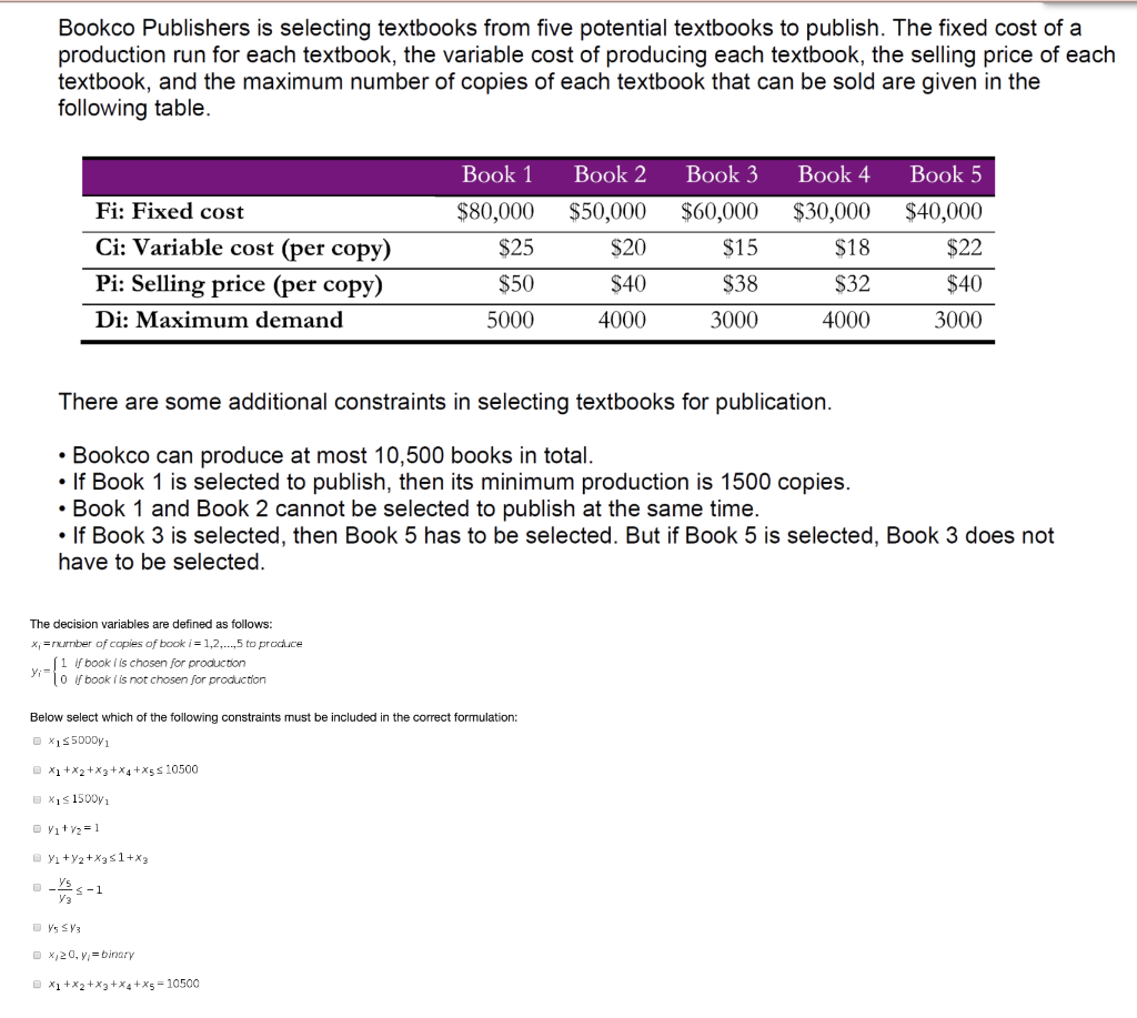 Bookco Publishers is selecting textbooks from