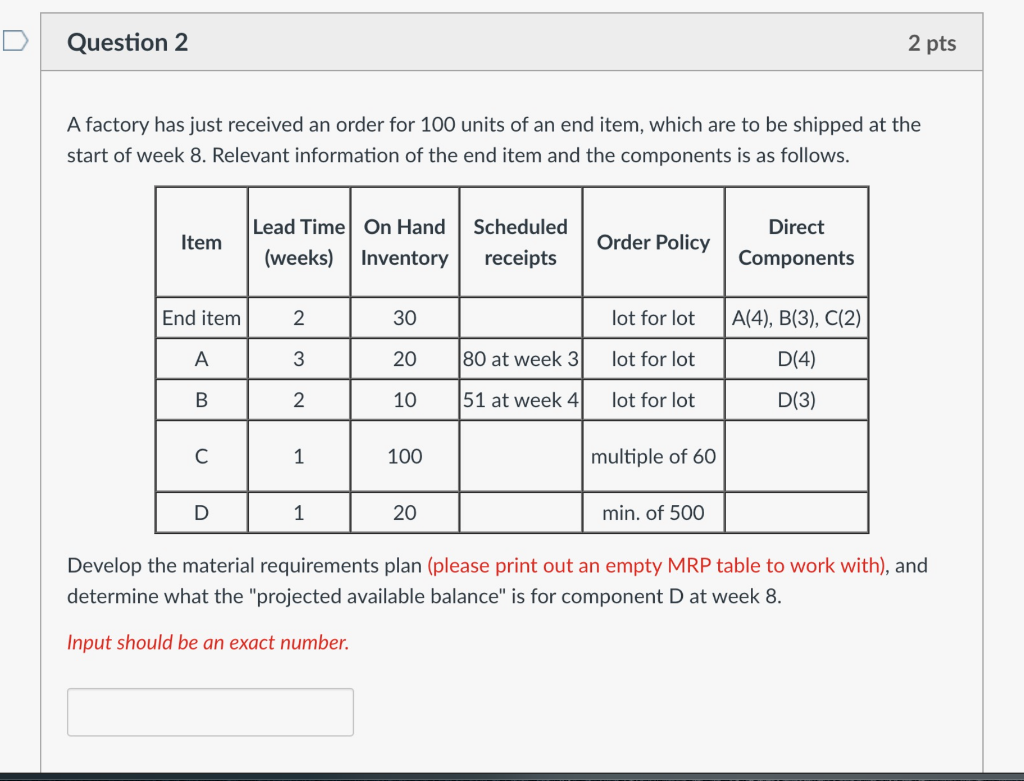 Question 2 2 pts A factory has just received an