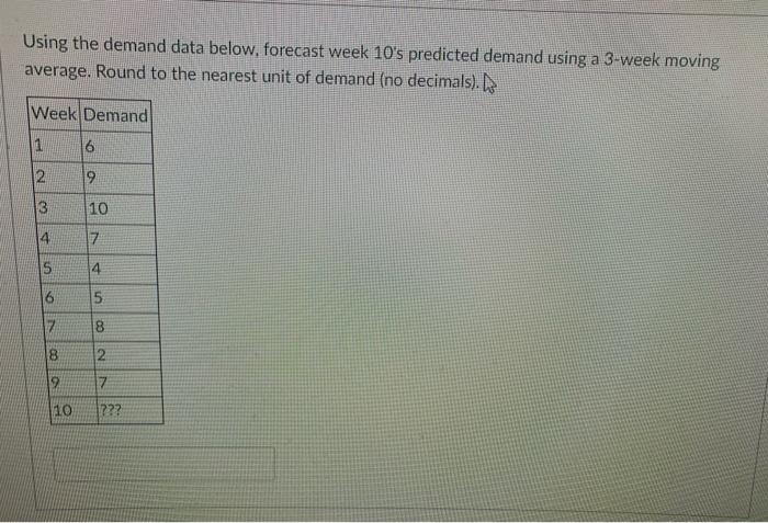 Using the demand data below, forecast week 10's