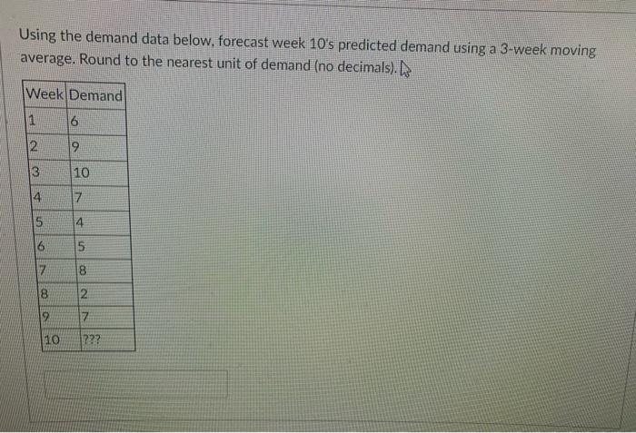 Using the demand data below, forecast week 10's