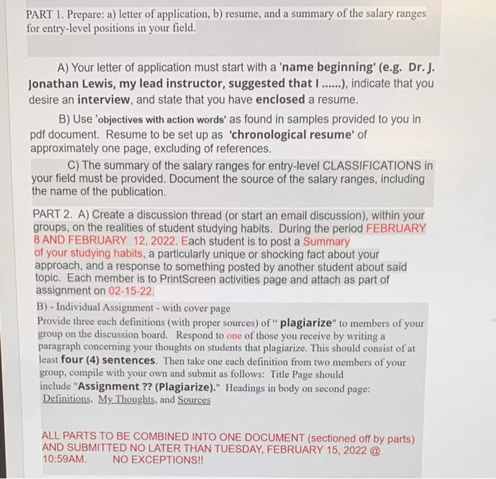 PART 1. Prepare: a) letter of application, b)