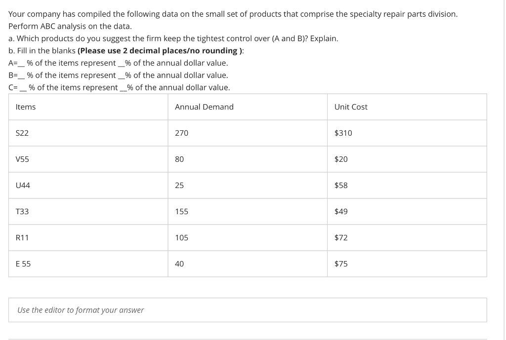 Your company has compiled the following data on