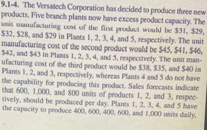 9.1-4. The Versatech Corporation has decided to