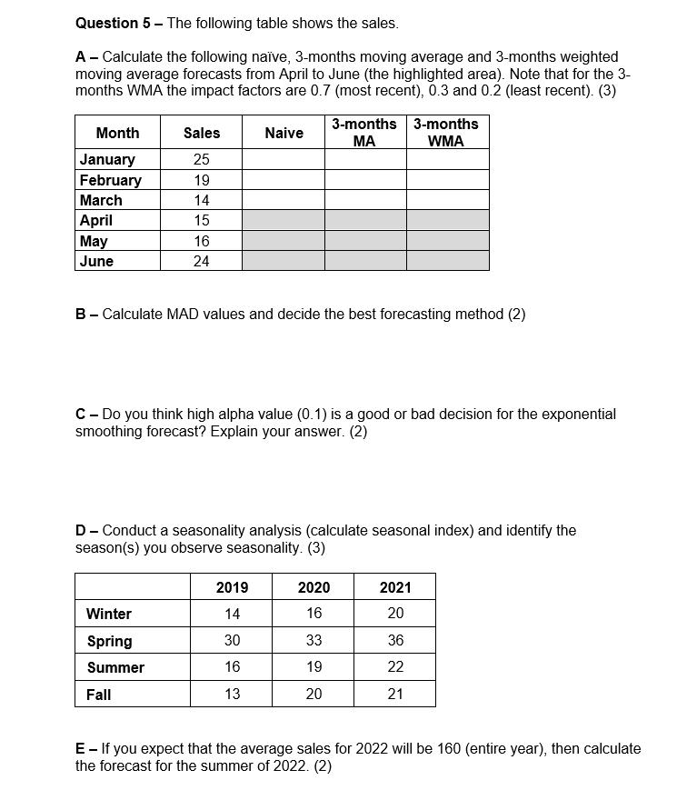 Question 5 The following table shows the sales. A