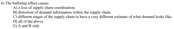 6) The bullwhip effect causes A) a loss of supply