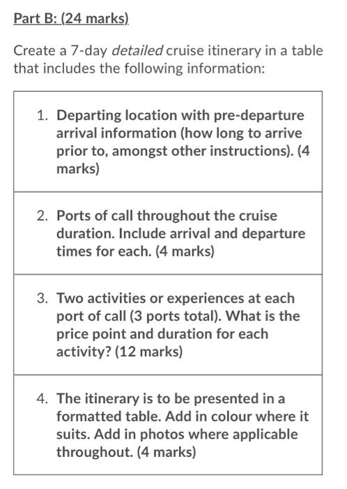 Part B: (24 marks) Create a 7-day detailed cruise