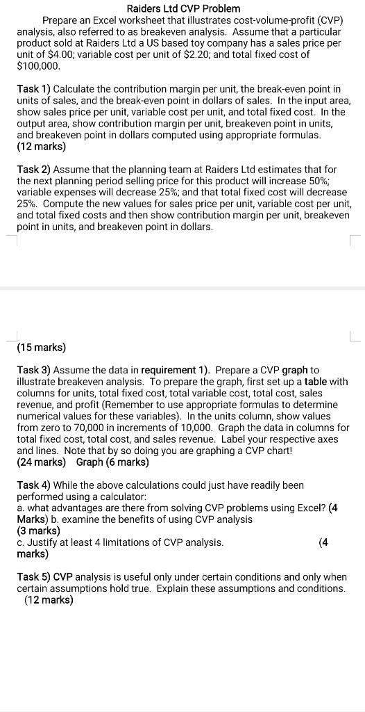 Raiders Ltd CVP Problem Prepare an Excel