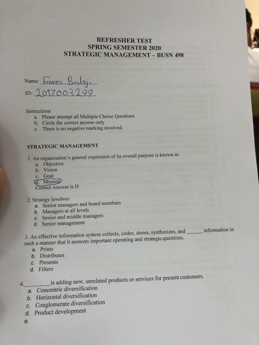 REFRESHER TEST SPRING SEMESTER 2020 STRATEGIC