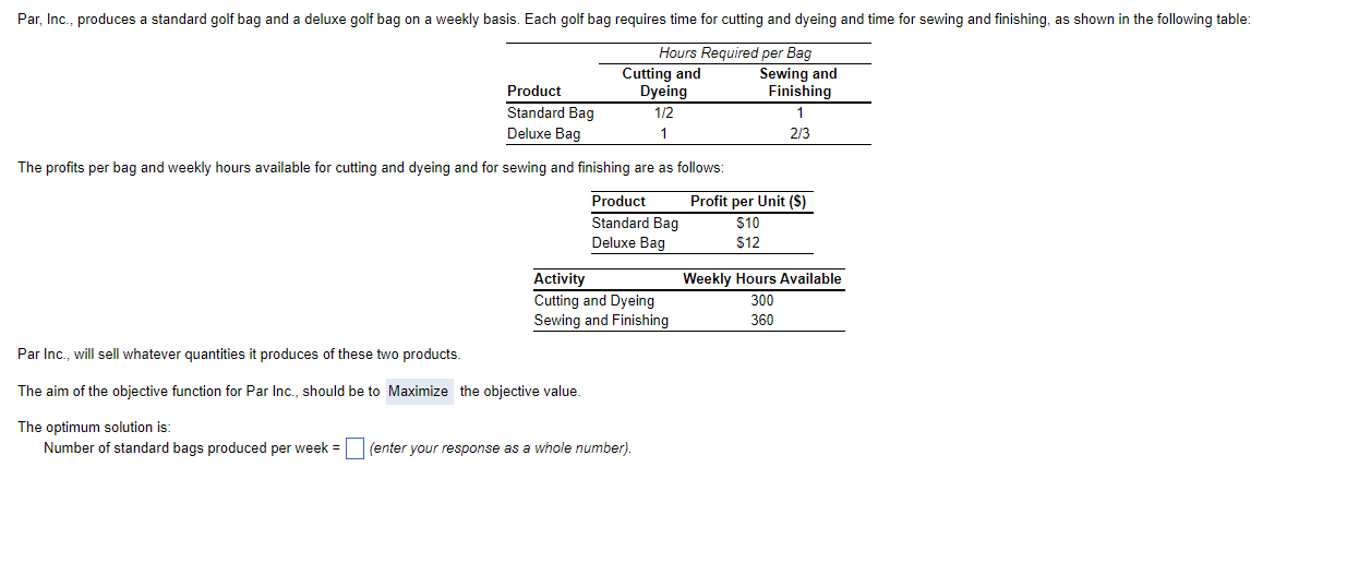 A. The optimum solution is : S= ??? ( answer as a