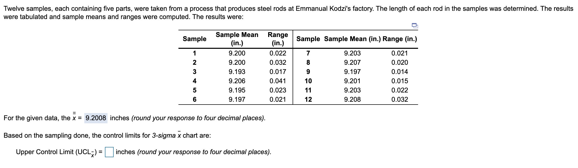 Twelve samples, each containing five parts, were