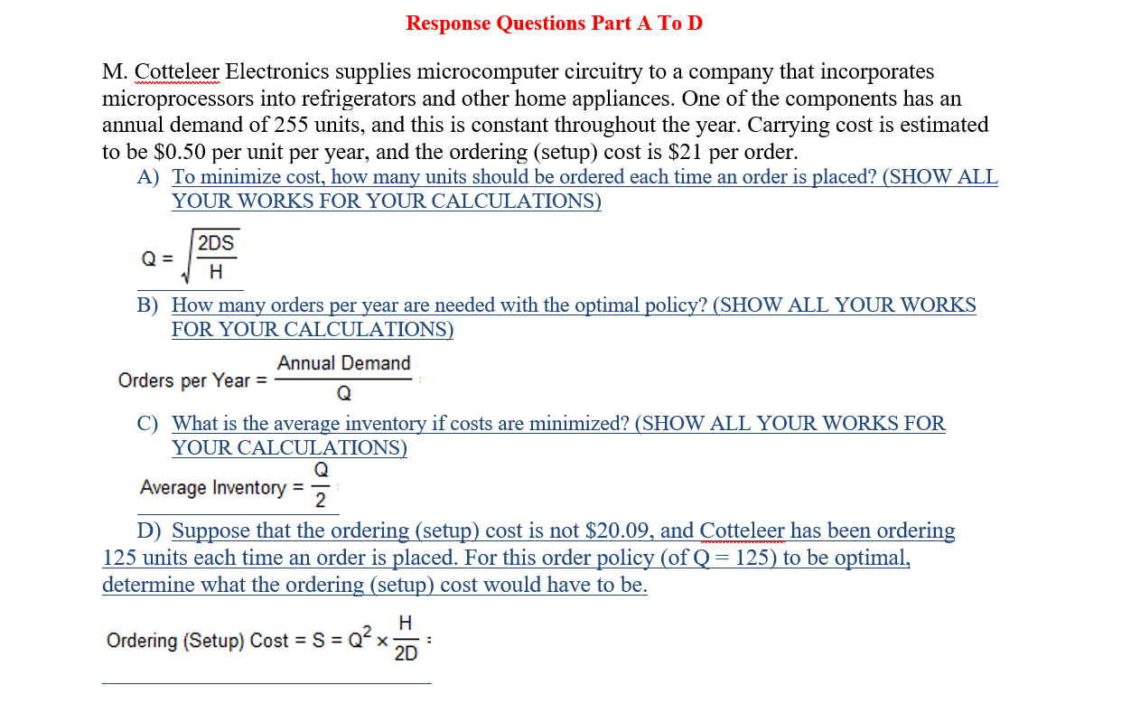 Response Questions Part A To D M. Cotteleer