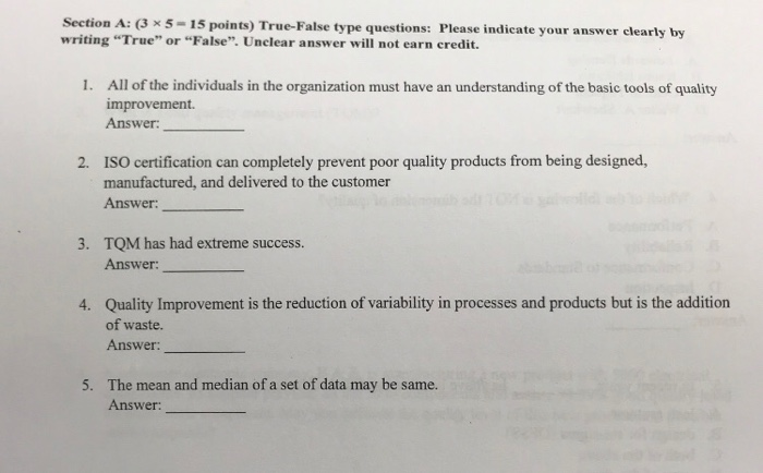 Section A: (3 x 5 = 15 points) True False type