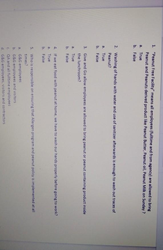 1. "Peanut Free Facility" means all employees