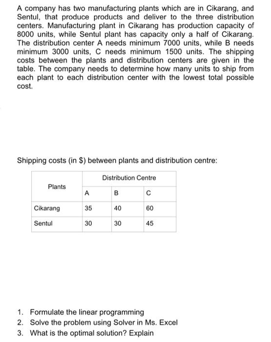 A company has two manufacturing plants which are