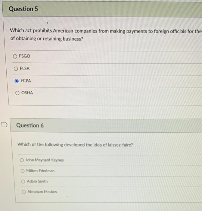 Question 5 Which act prohibits American companies