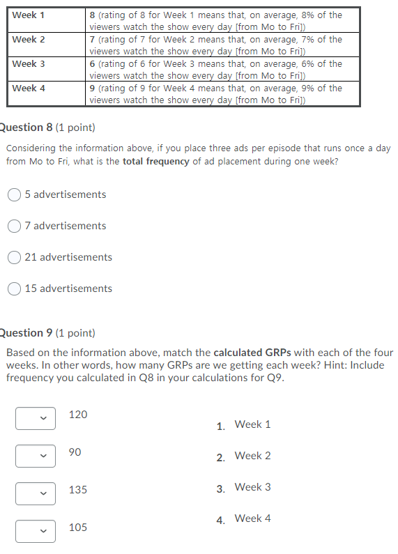 Week 1 Week 2 Week 3 8 (rating of 8 for Week 1