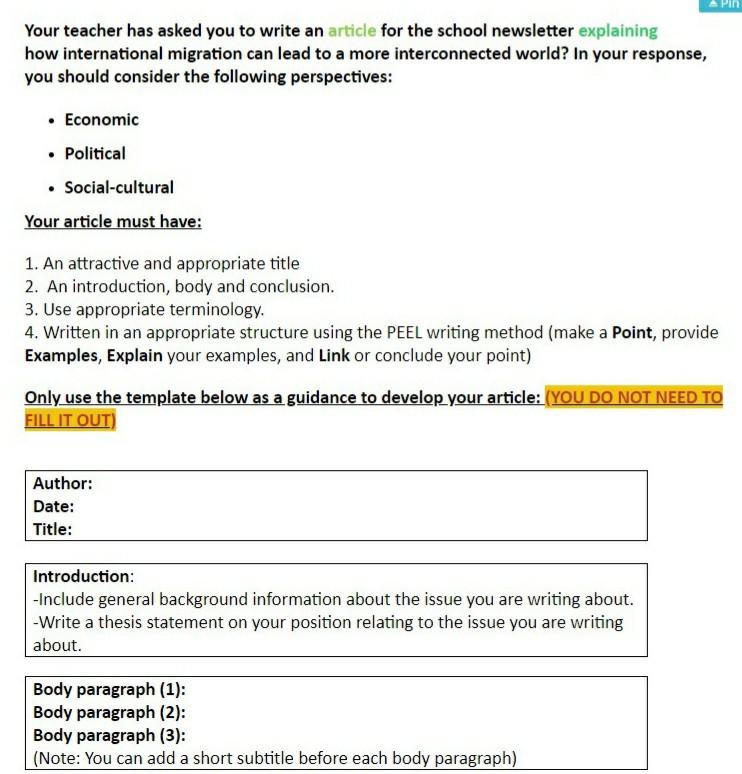 Your teacher has asked you to write an article