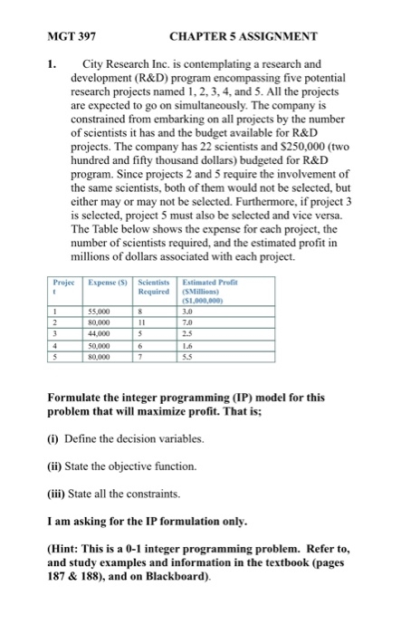 MGT 397 CHAPTER 5 ASSIGNMENT 1. City Research