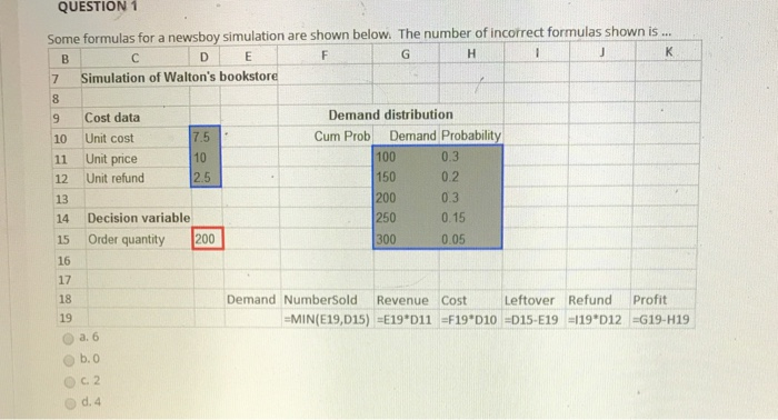QUESTION 1 J Unit price Some formulas for a