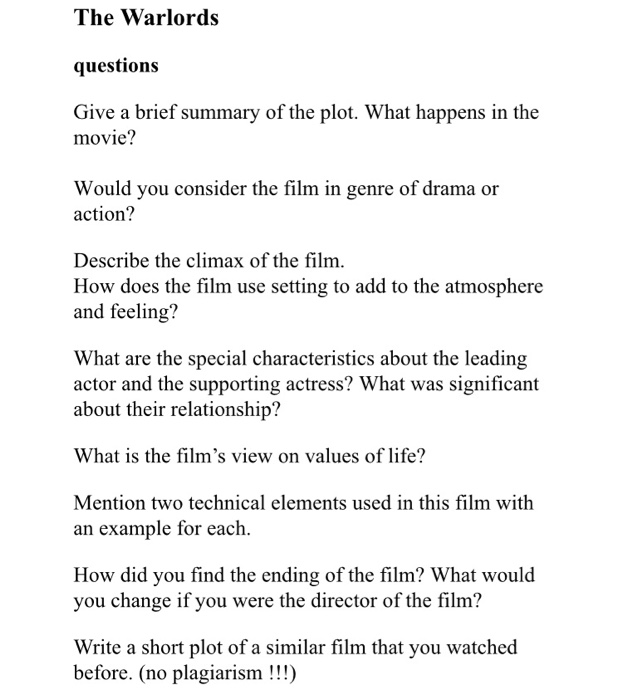 The Warlords questions Give a brief summary of