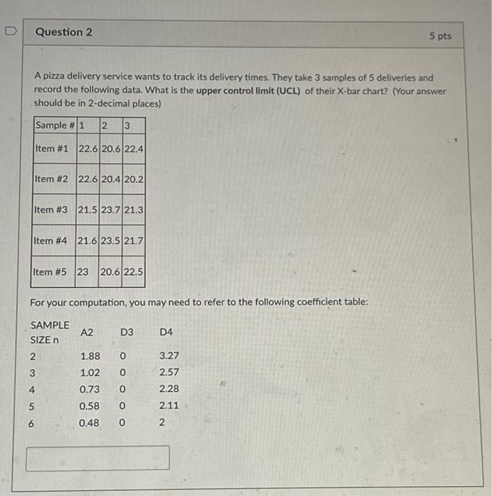Question 1 5 pts A pizza delivery service wants