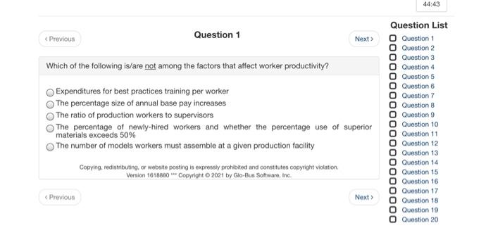 44:43 Question 1 < Previous Next  style=