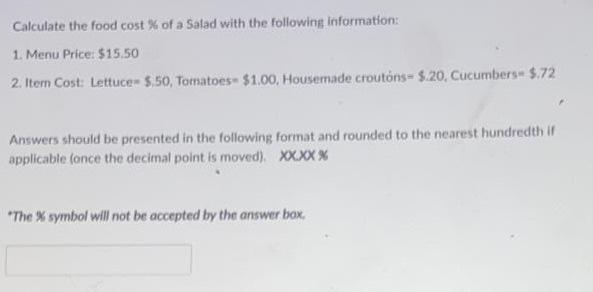Calculate the food cost % of a Salad with the